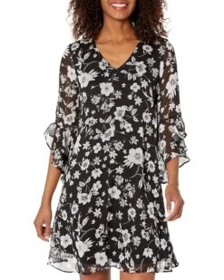 Calvin Klein Chiffon Print Bell Sleeve Dress